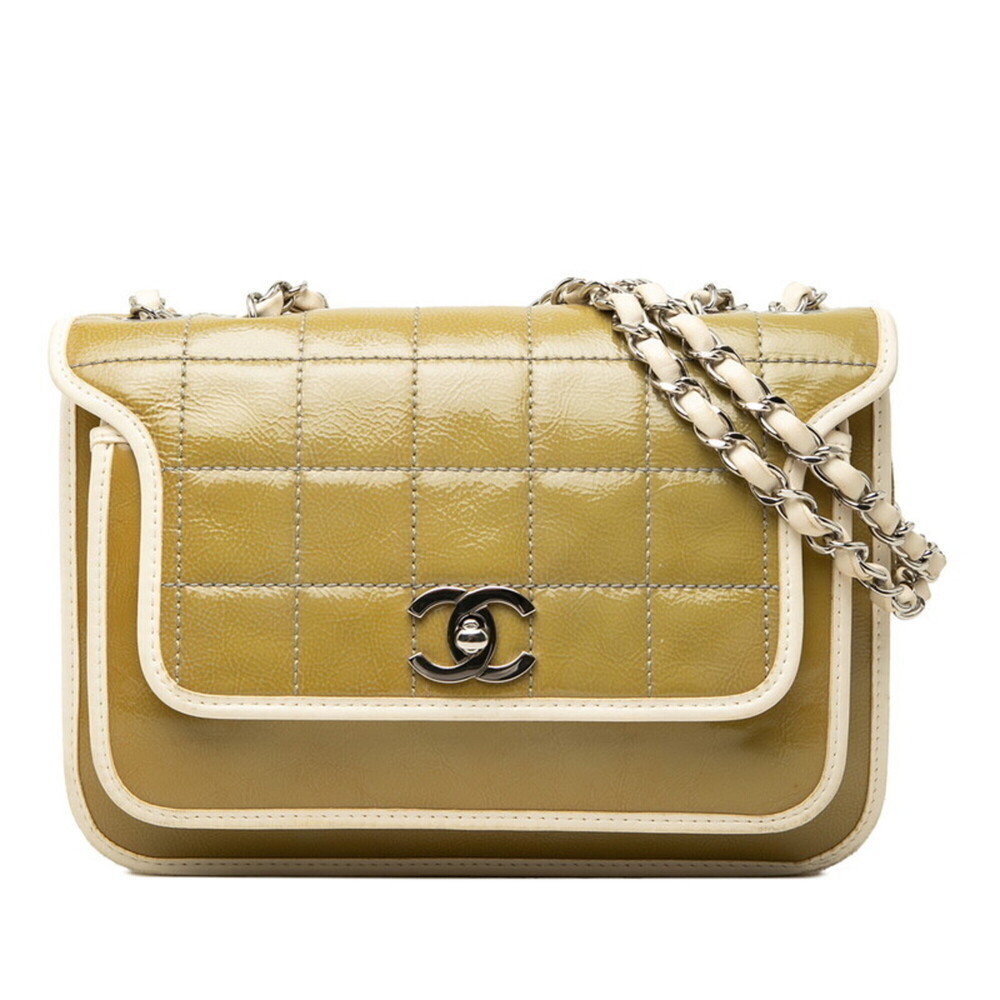 Chanel Coco Mark Chocolate Bar Chain Shoulder Bag, Green Enamel Leather, Wome...